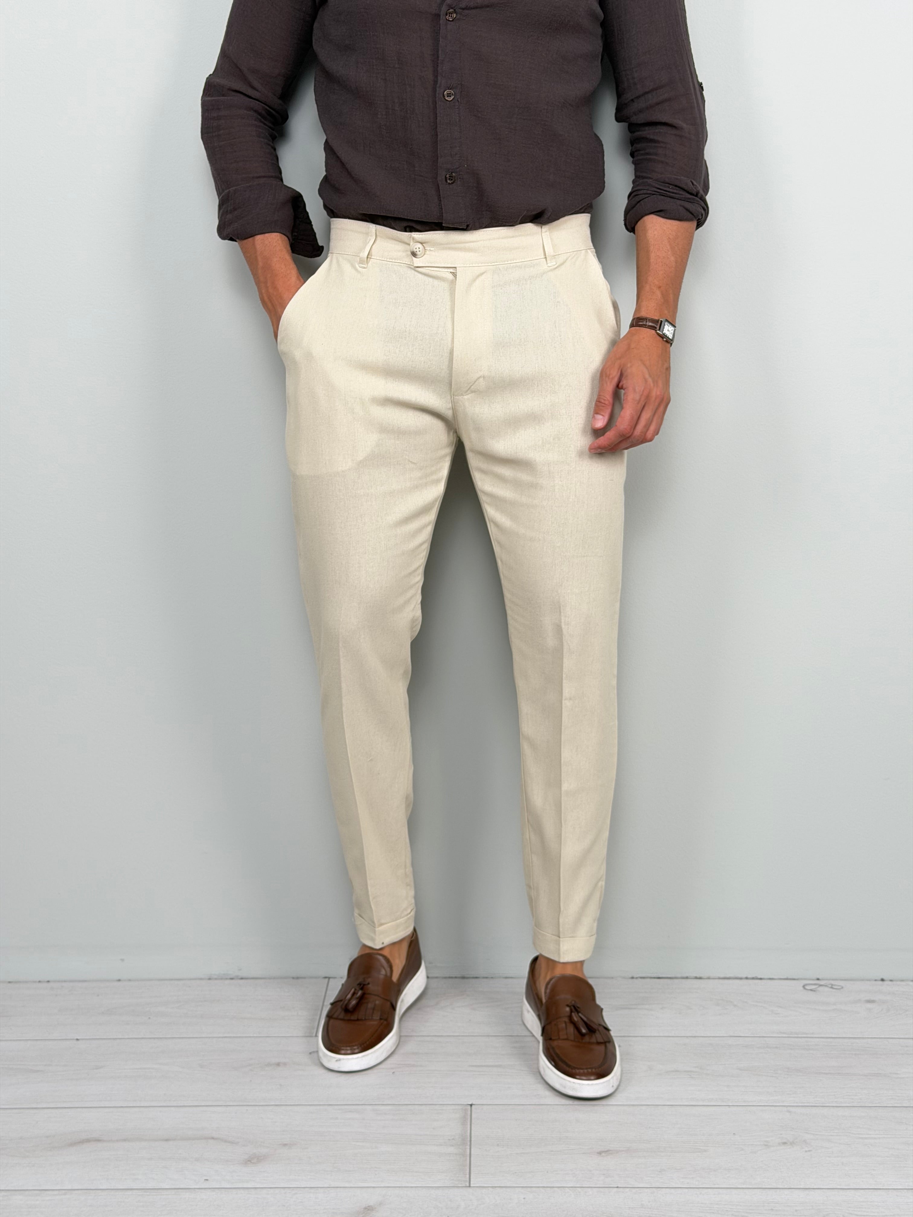 PANTALONE LINO MOD CAPRI RISVOLTINO